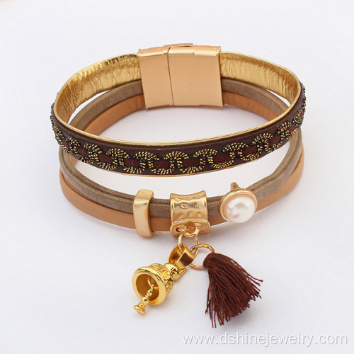 Magnet Clasp Leather Bracelets Gold Bell Charm Bracelet